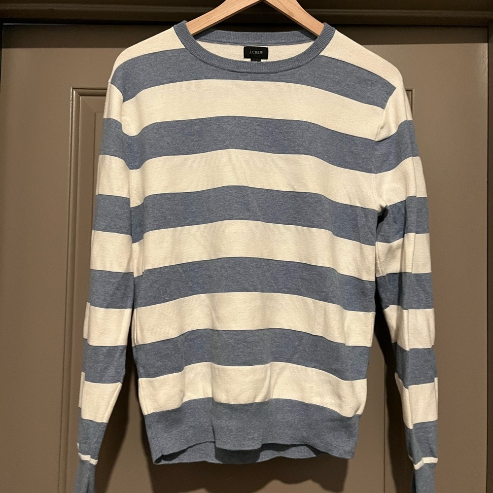 J. Crew Men's Striped Crewneck Sweater - Blue and Cream